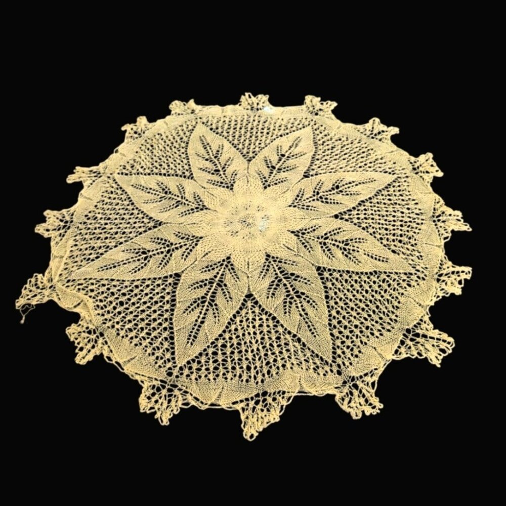 Antique Large yellow doily 24" Knitted Lace Table Cloth Textiles delicate